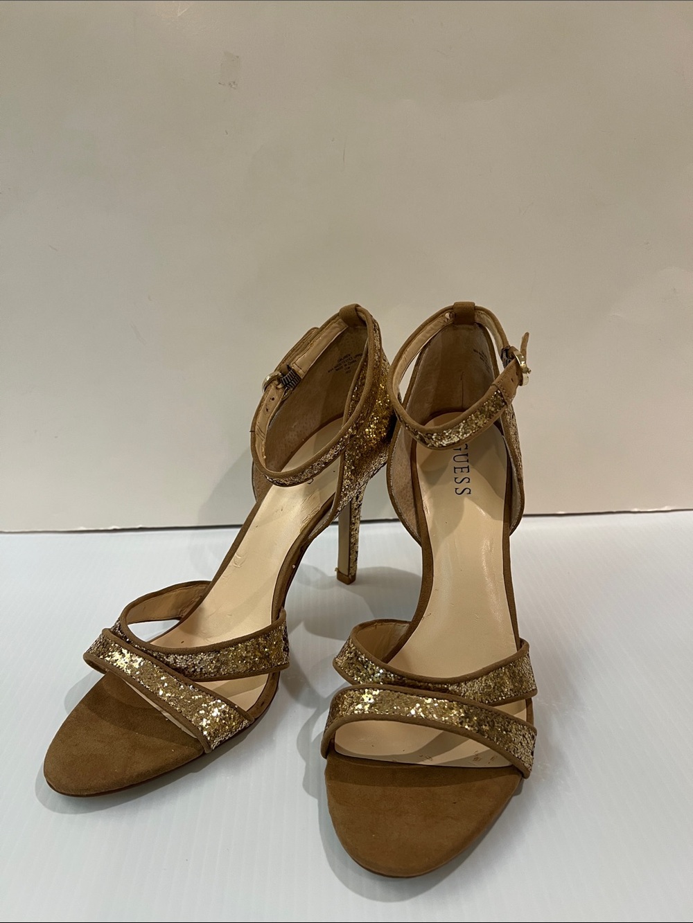 Guess Women’s Gold Glitter Ankle-Strap High Heel in Size 11